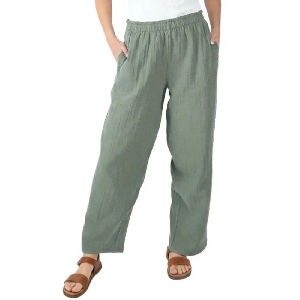Coldwater Creek Green Gauze Pull-On Pants Womens •S• Coastal Grandmother Boho